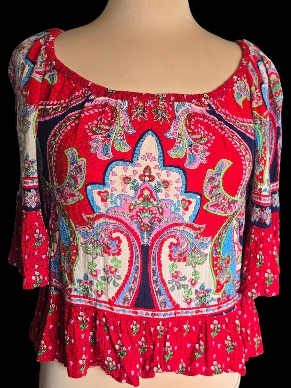 Patrons of Peace Red Paisley Peasant Blouse with Multicolor Print
